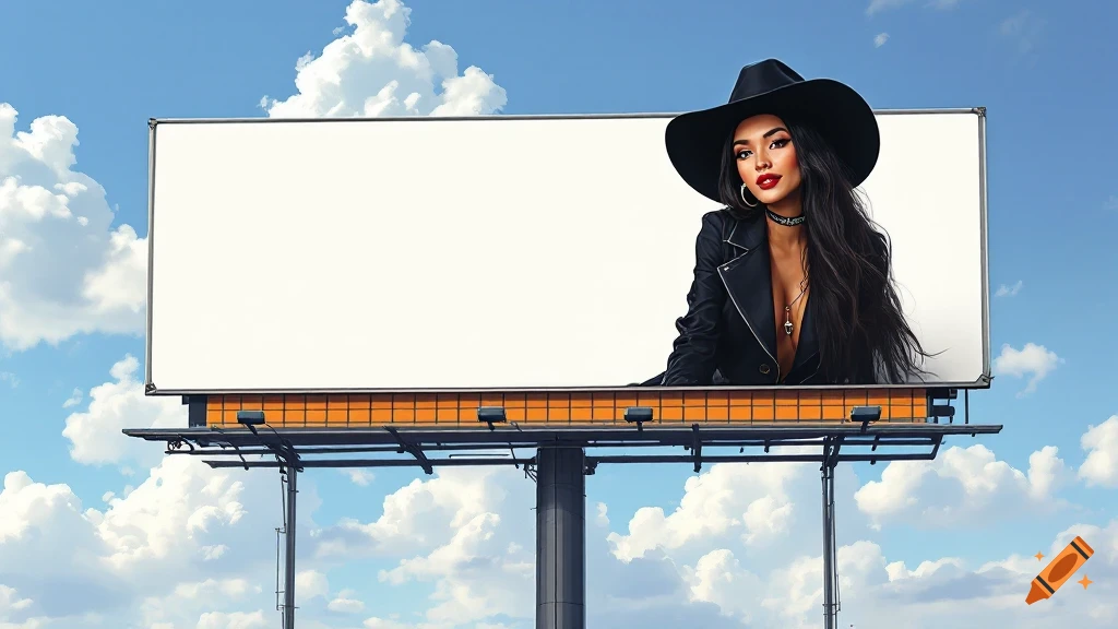 A woman in a black cowboy hat and jacket with long dark hair poses on a large, blank billboard against a blue sky with clouds.