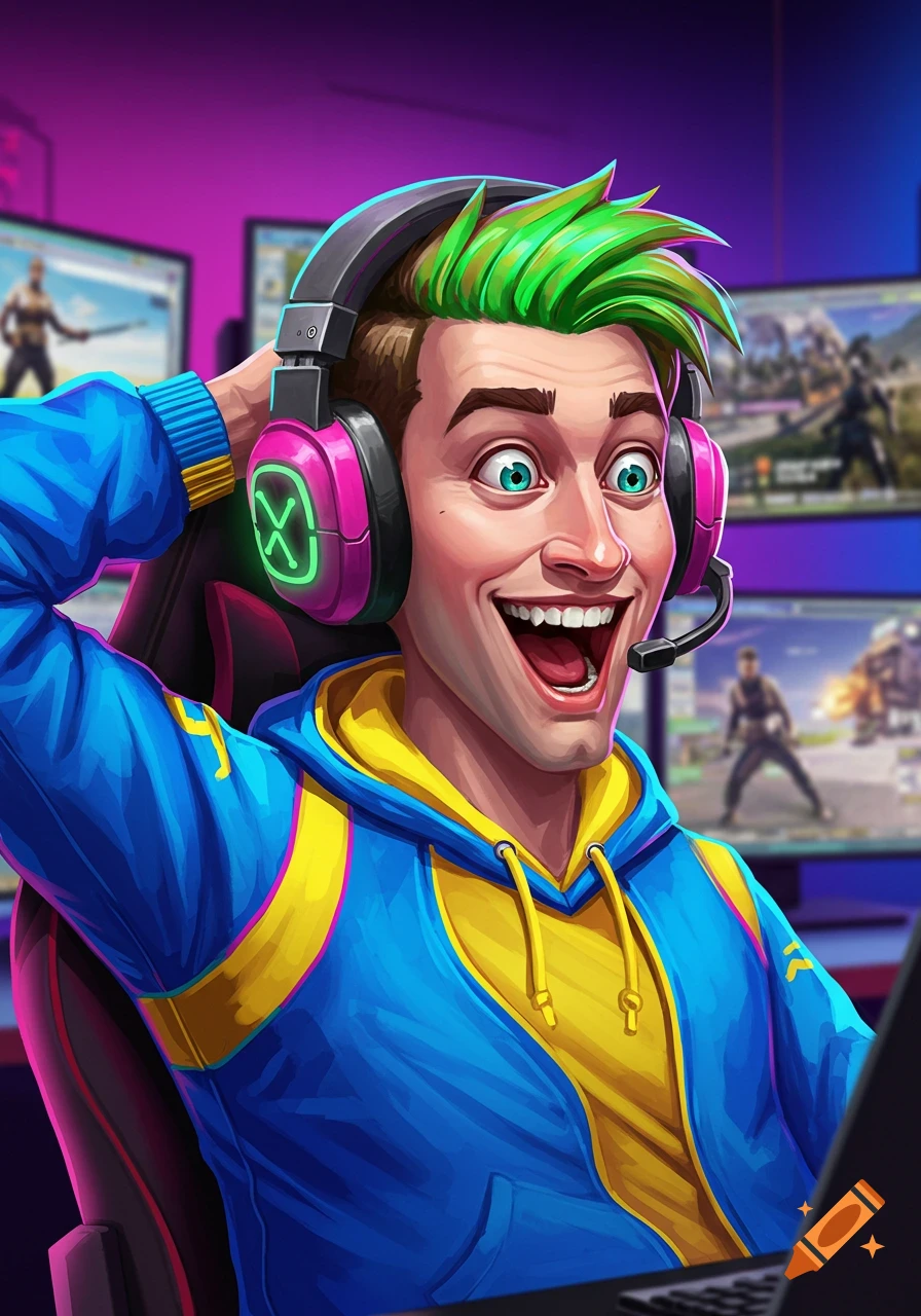 Stylized illustration of an excited gamer with green hair and headphones playing video games