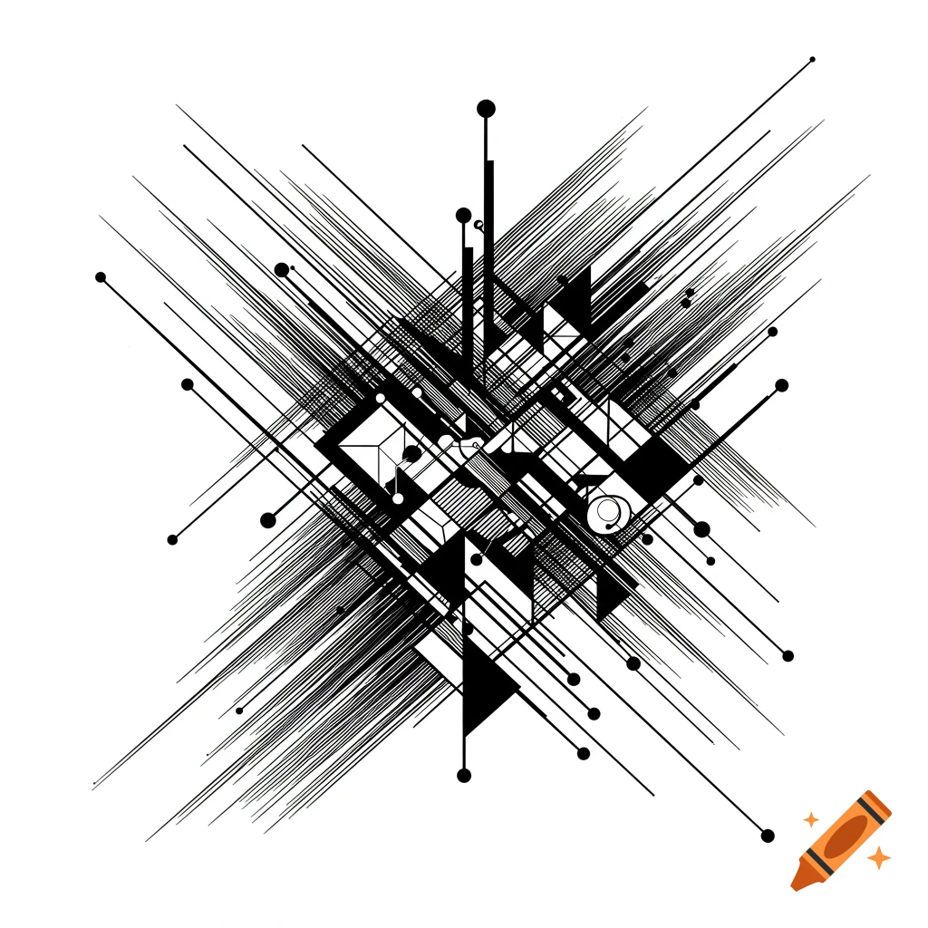 An abstract black and white geometric composition with converging lines and shapes.