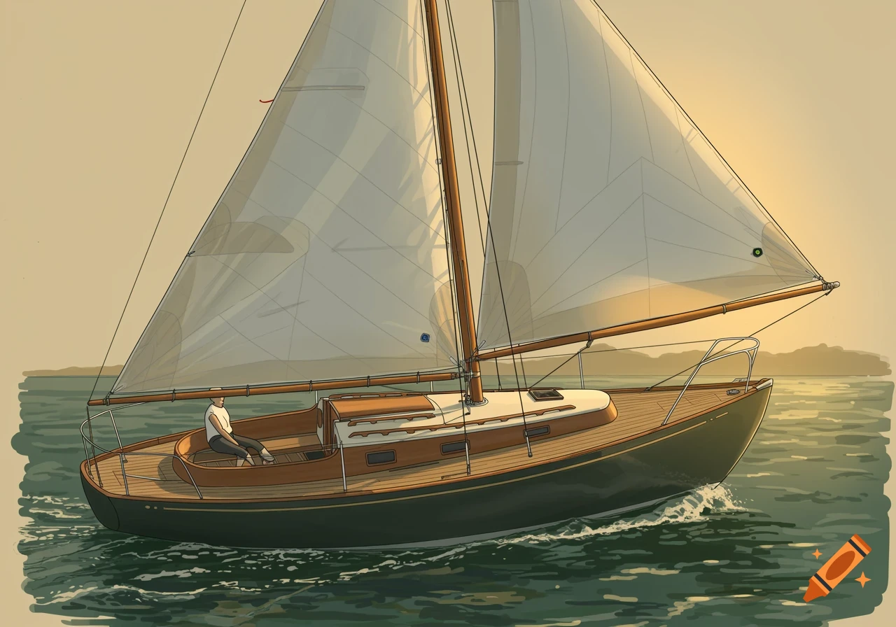 Illustration of a sailboat with a person aboard sailing on the water.