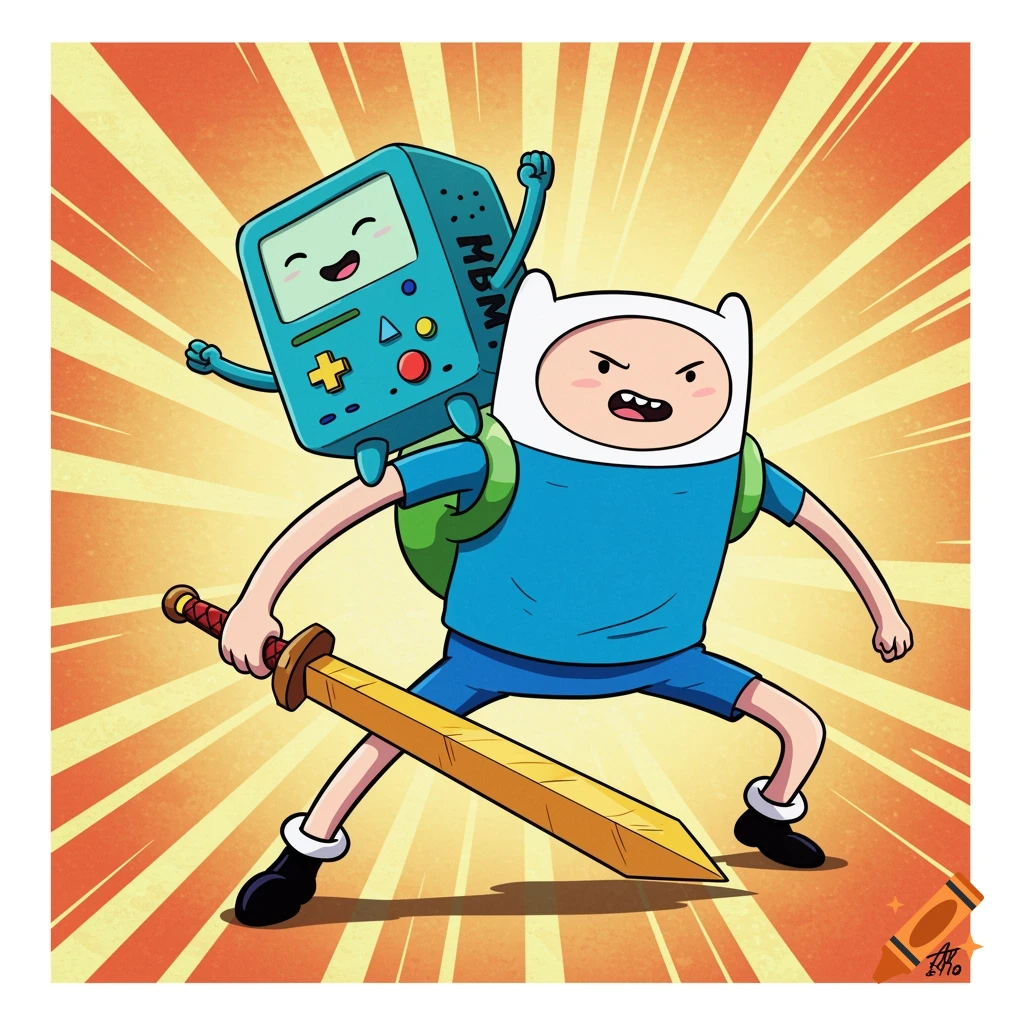 Illustration of Finn holding a sword with BMO on his back against a sunburst background.