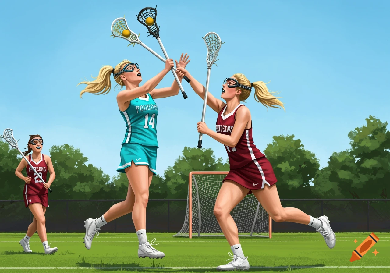 Three girls playing lacrosse on a grassy field under a blue sky.