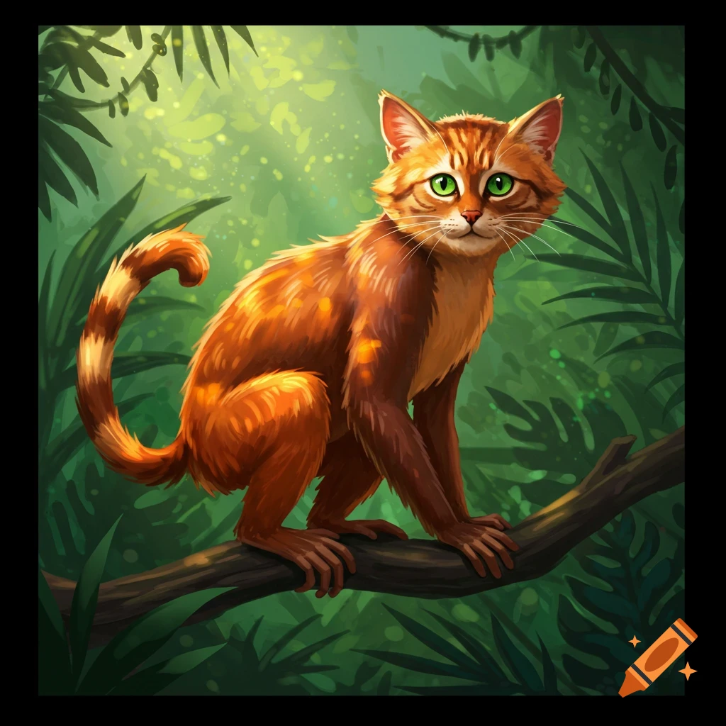 A ginger cat-monkey hybrid sits on a tree branch in a sunny jungle.