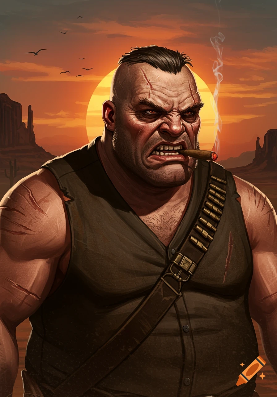 Illustrated portrait of an angry, scarred cowboy smoking a cigar in a desert sunset.