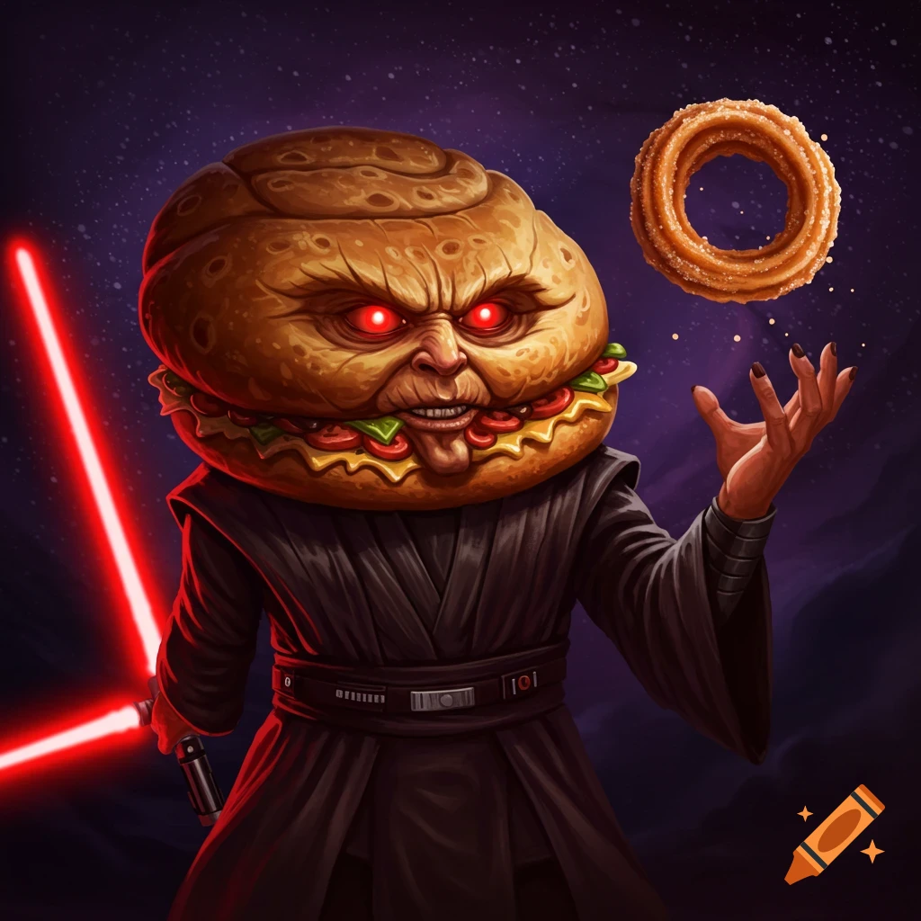 Burger head dark lord with red lightsaber levitates churro in space.