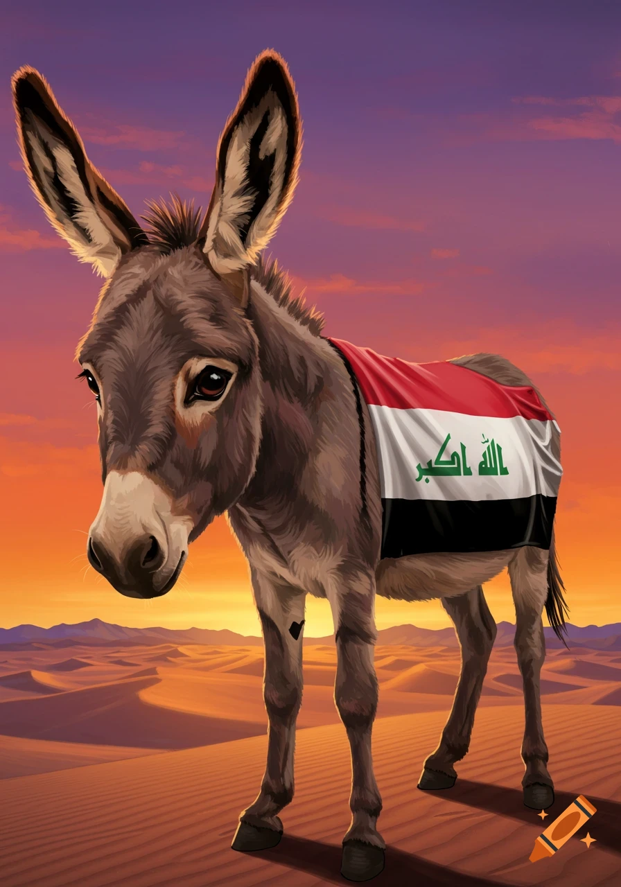 An illustration of a donkey wearing the Iraqi flag on its back, standing in a desert at sunset.