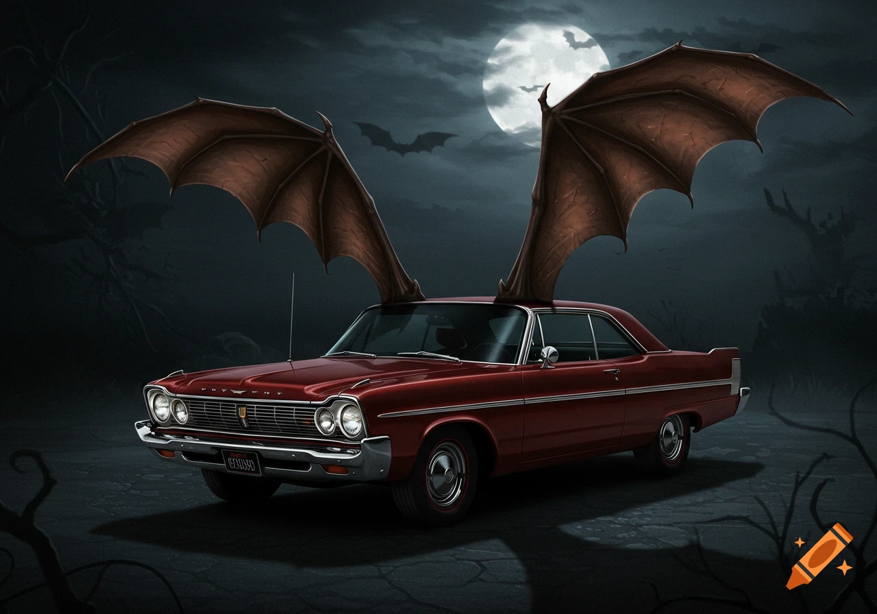A vintage red car with bat wings under a full moon.