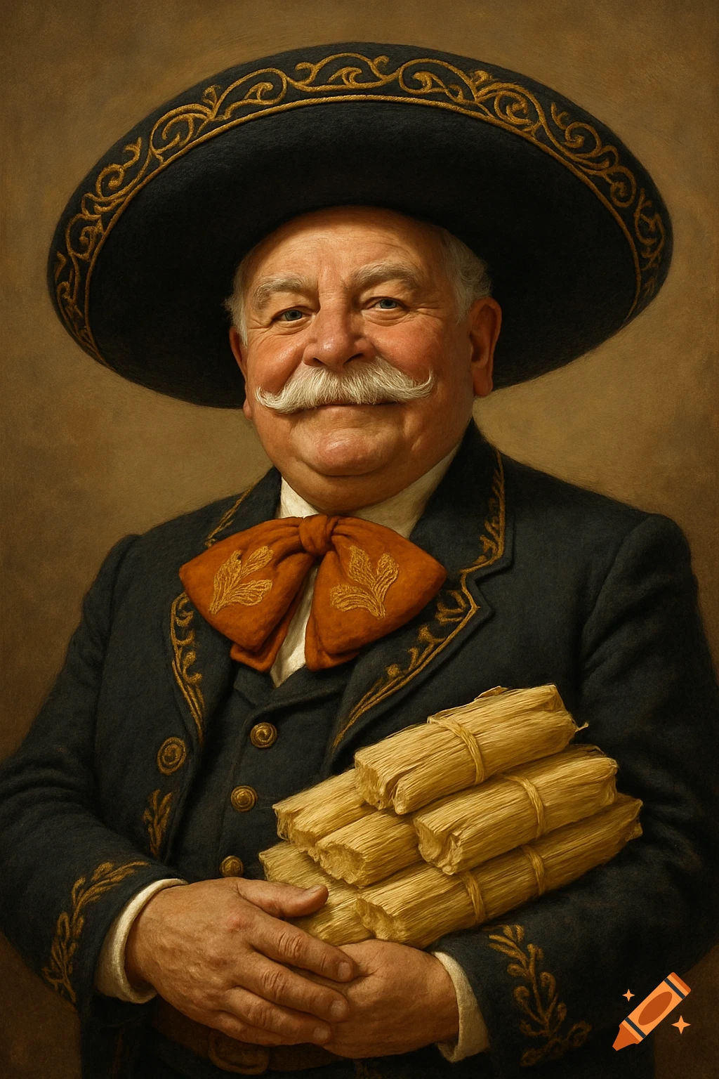 Older man resembling the Monopoly man in a charro suit and sombrero holds tamales, in a portrait painting style.