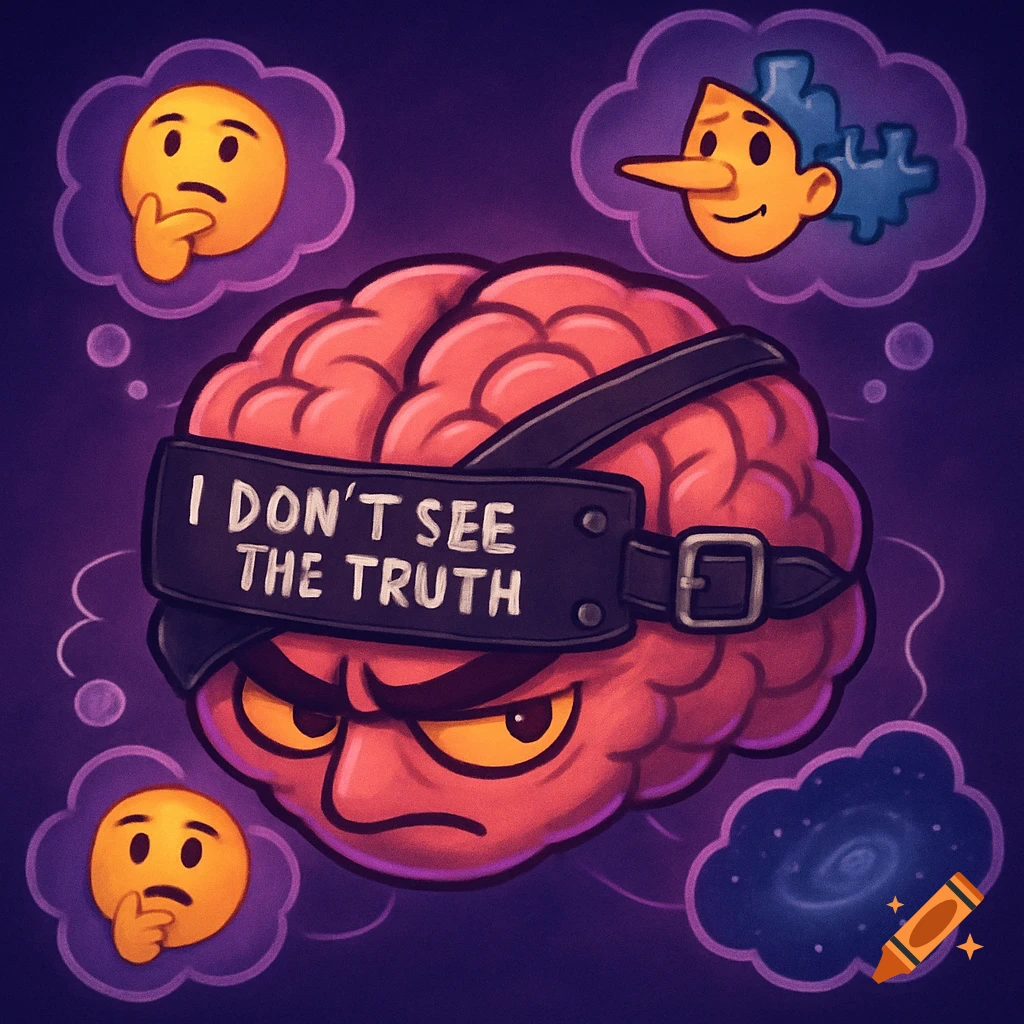 Cartoon angry brain wearing a blindfold that says "I DON'T SEE THE TRUTH" surrounded by thought bubbles with emojis and symbols.