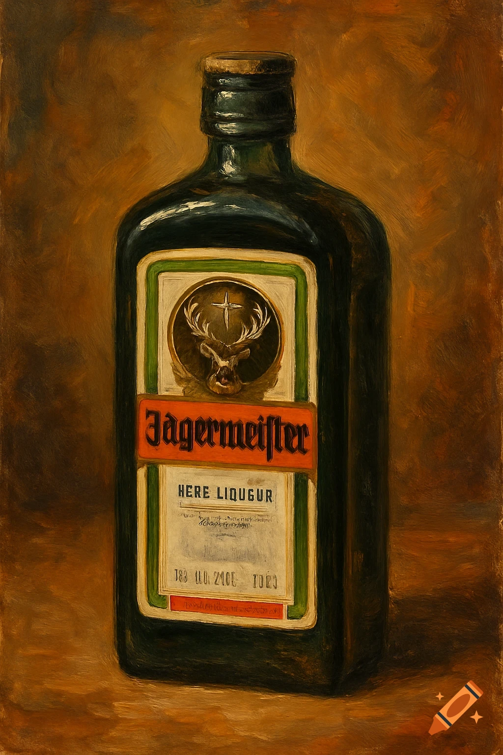 An oil painting of a bottle of Jägermeister.
