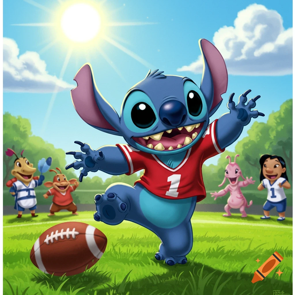 Stitch, Lilo, and other alien characters playing football on a sunny field.