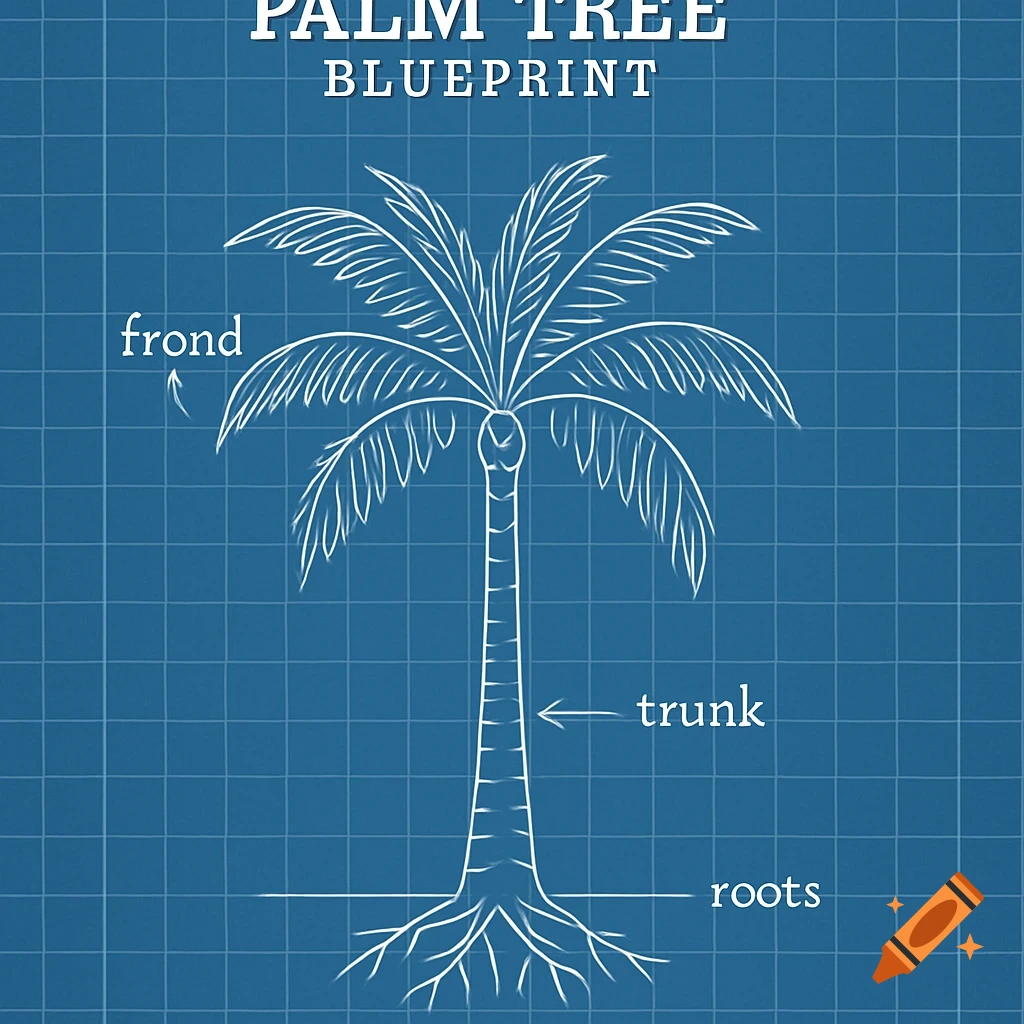 Blueprint illustration of a palm tree diagram with parts labeled frond, trunk, and roots.