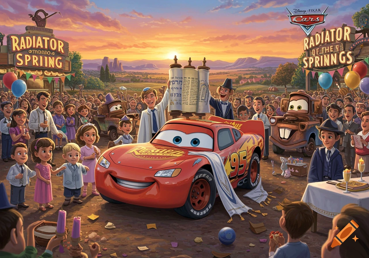 Lightning McQueen and Mater attend a bar mitzvah ceremony in Radiator Springs with many people.