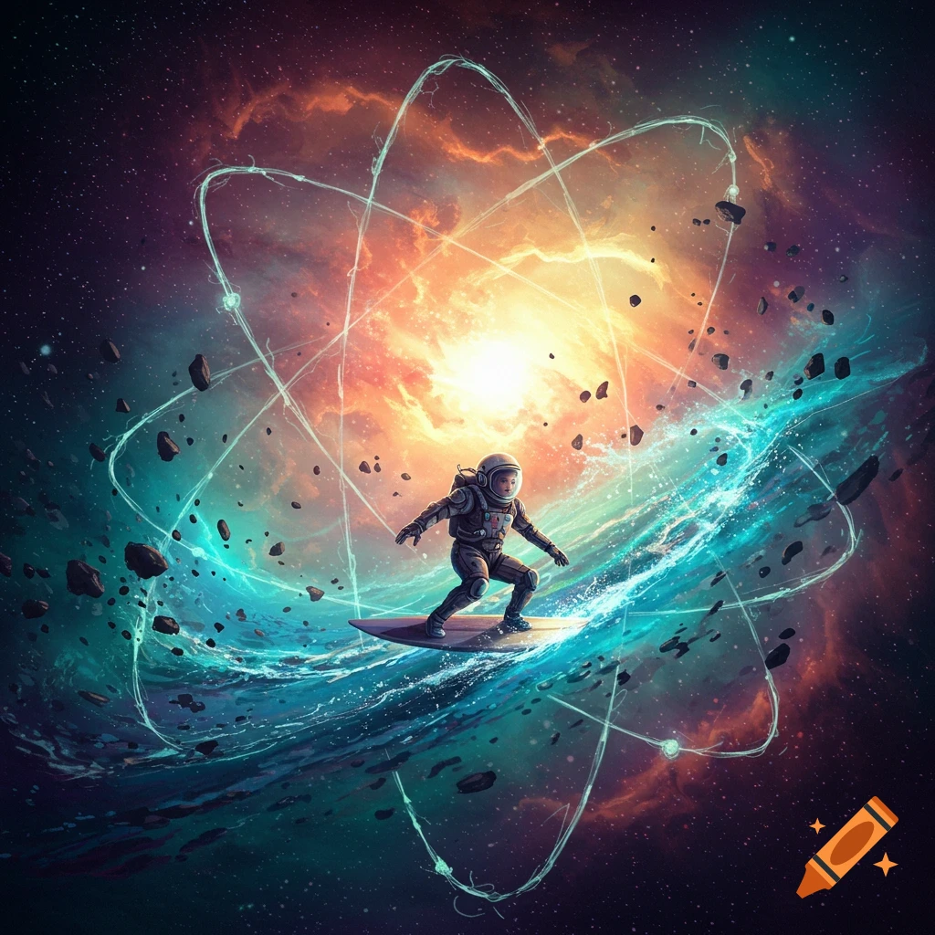 An astronaut surfs on a colorful wave of cosmic energy with atom orbits and asteroids around them in deep space.