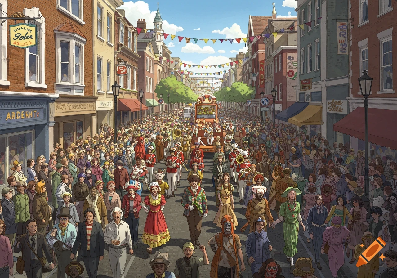 A large crowd and a marching band parade down a street lined with buildings, illustrated style.