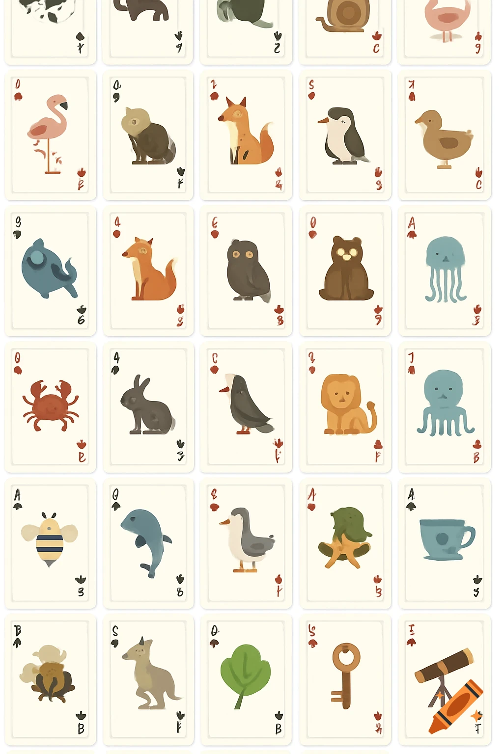 A grid of illustrated playing cards featuring various animals and objects in a minimal style