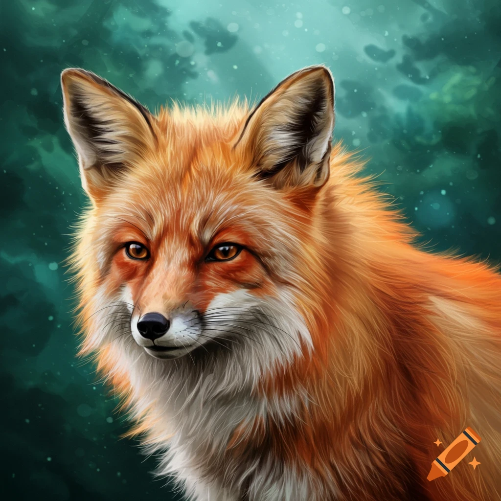 Detailed digital painting of a red fox looking forward with a green forest background.