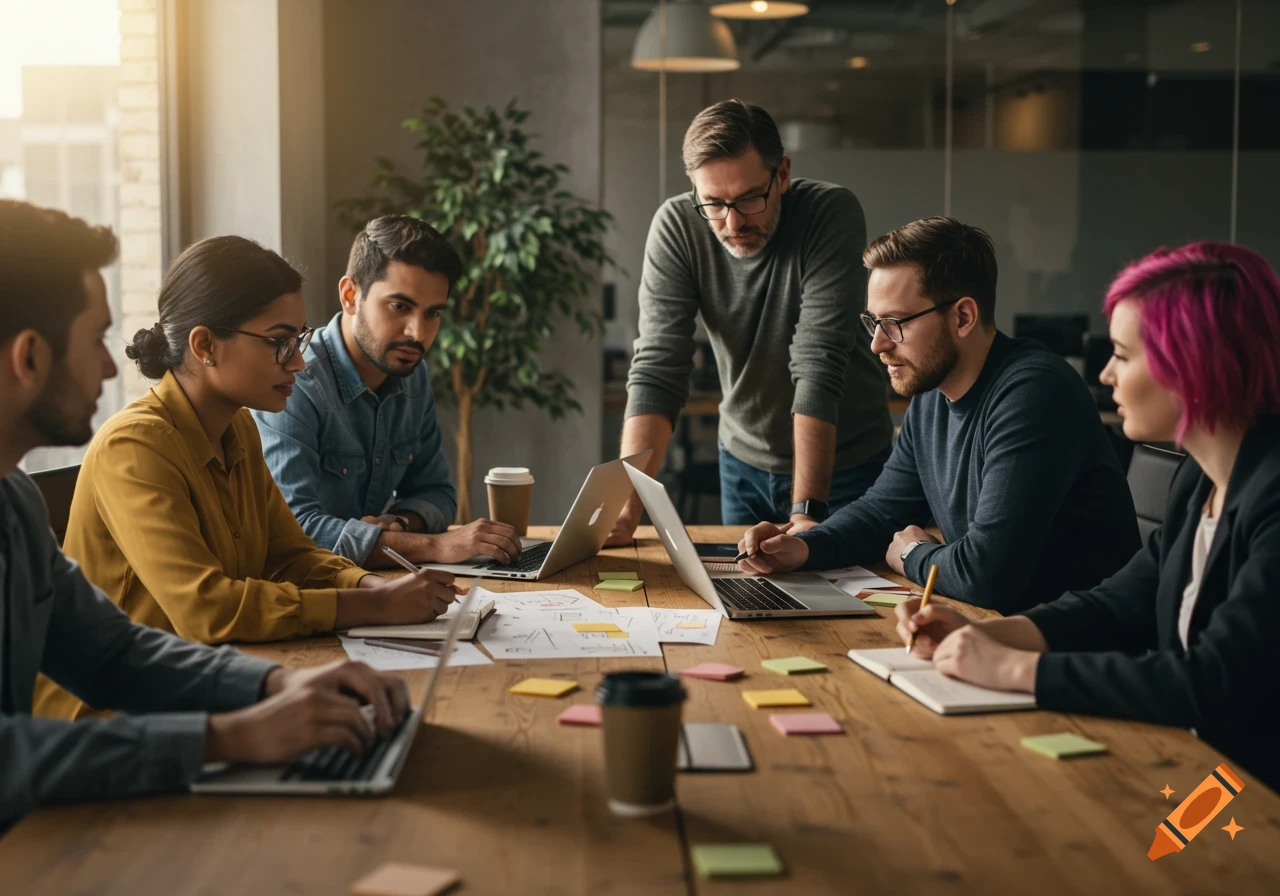 Diverse team works at a table with laptops and papers during an office meeting.