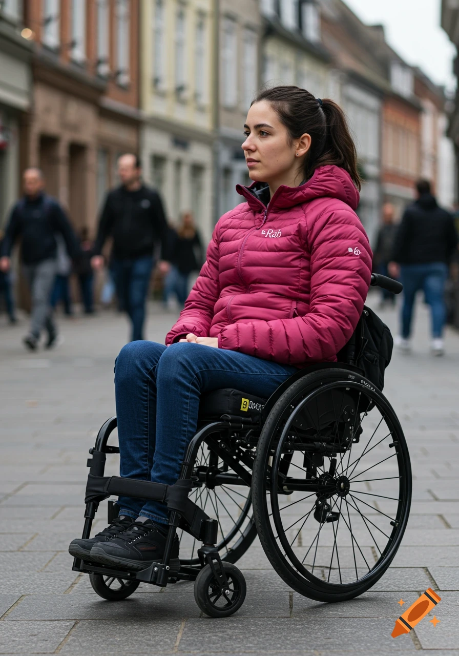 A young woman in a pink puffer jacket sits in a wheelchair on a city street.