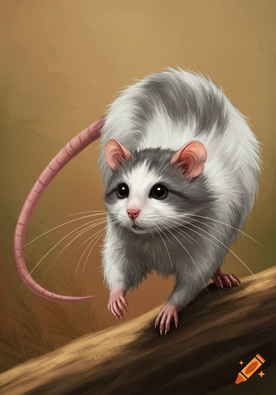 A fluffy, wide-eyed cat-rat creature sits on a log.