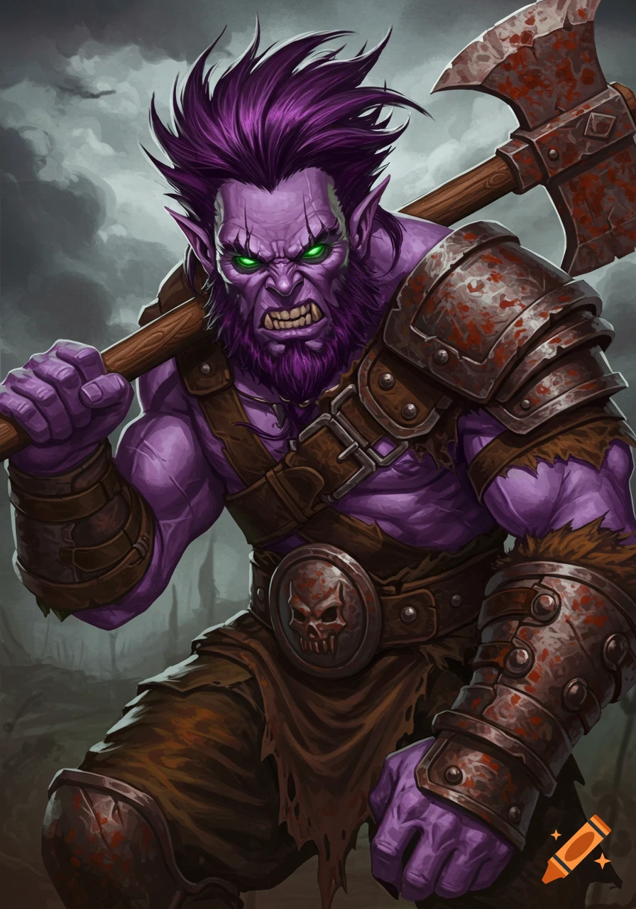 Purple fantasy barbarian with an axe and armor