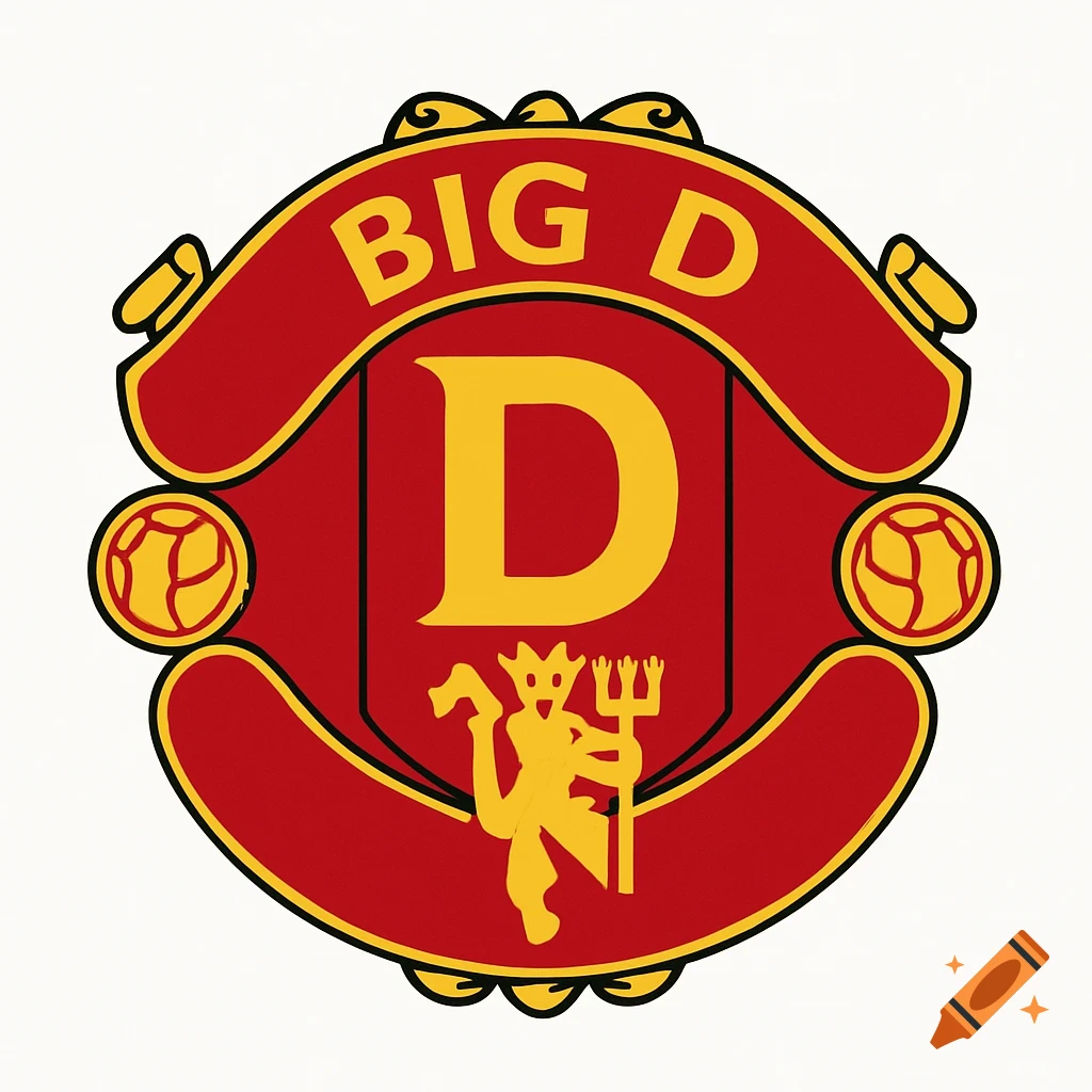 Red and gold sports logo with text 'BIG D', a large letter D, and a devil mascot, resembling a football crest.