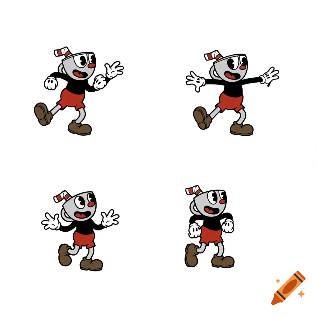 Four cartoon images of the video game character Cuphead in various ...
