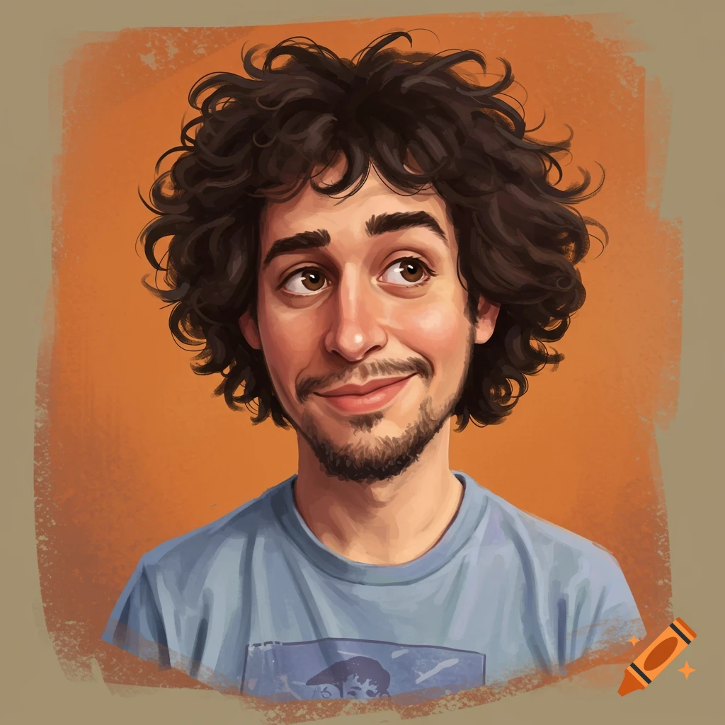 An illustration of a man with curly brown hair smiling and looking up.