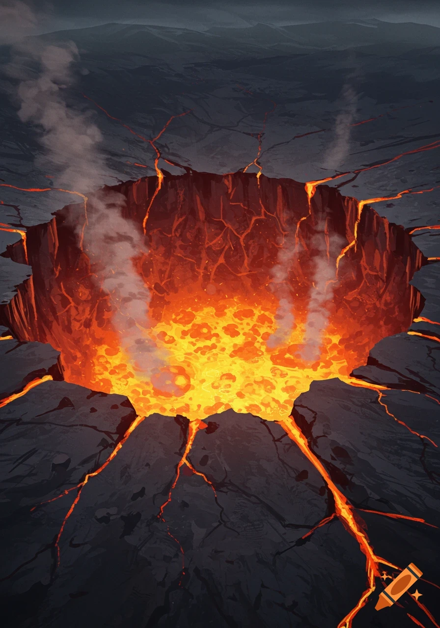 Illustrative view of a massive sinkhole filled with glowing hot lava and radiating cracks.
