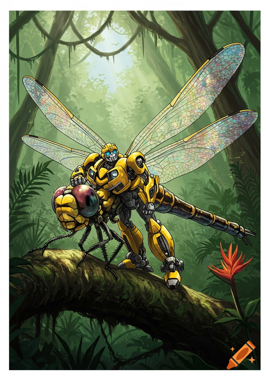 A yellow robot resembling Bumblebee merged with a dragonfly stands on a log in a jungle.