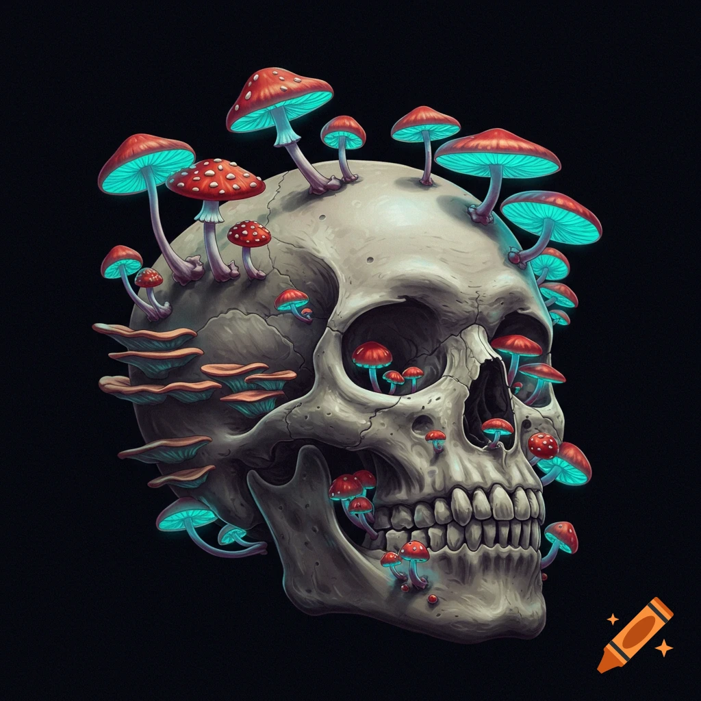 A human skull covered in red and blue glowing mushrooms on a black background.