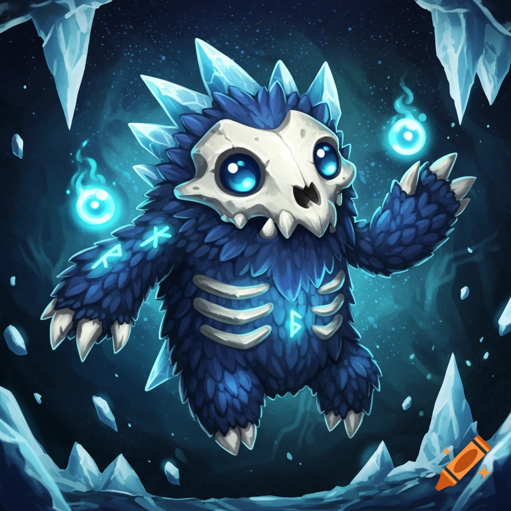 A blue fluffy monster with a skull face, ice spikes, glowing runes, and blue orbs stands in an icy cave.
