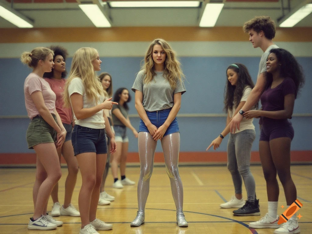 Teenagers in a gym class; one girl stands awkwardly in shiny pantyhose while others point, 1980s style photo.