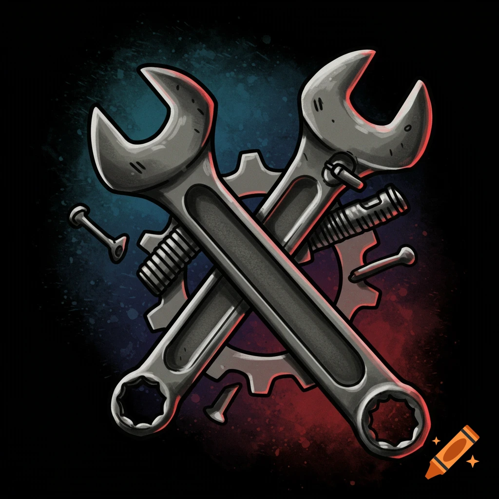 Crossed wrenches, gear, and bolts in a stylized tattoo art style on a dark background with color accents