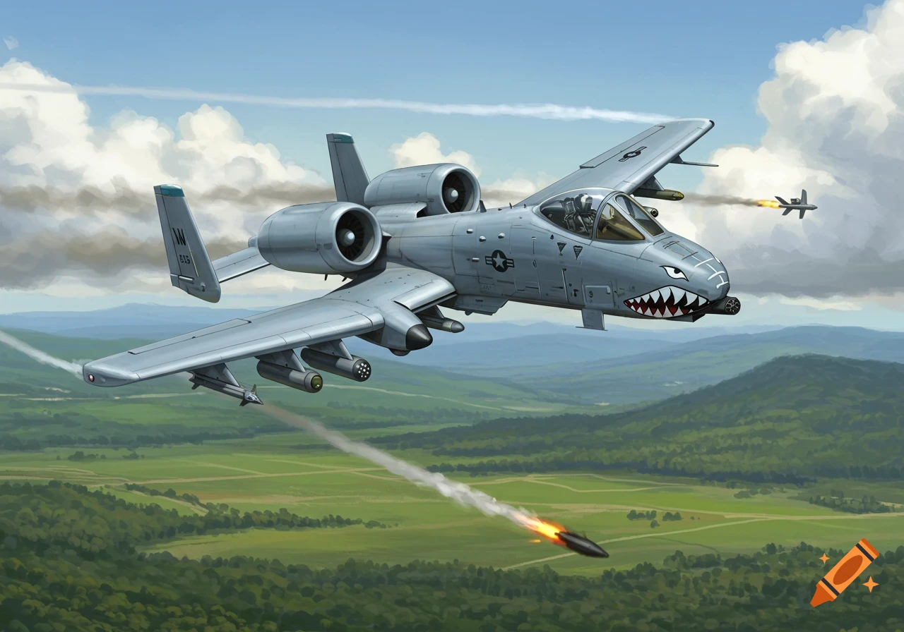 An illustration of an A-10 Warthog aircraft flying over a green landscape and firing a missile.