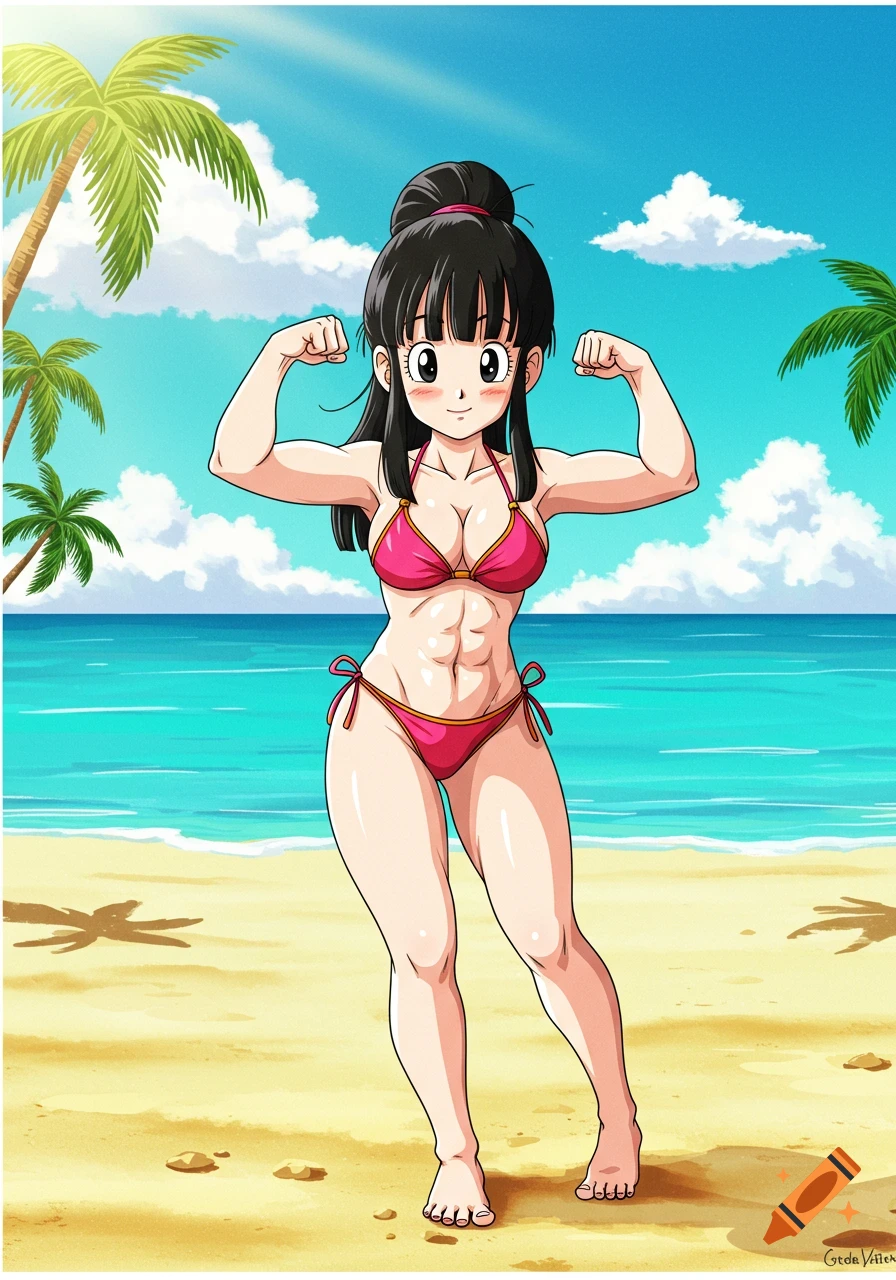 Anime character Chi-Chi flexing muscles at the beach in a pink bikini
