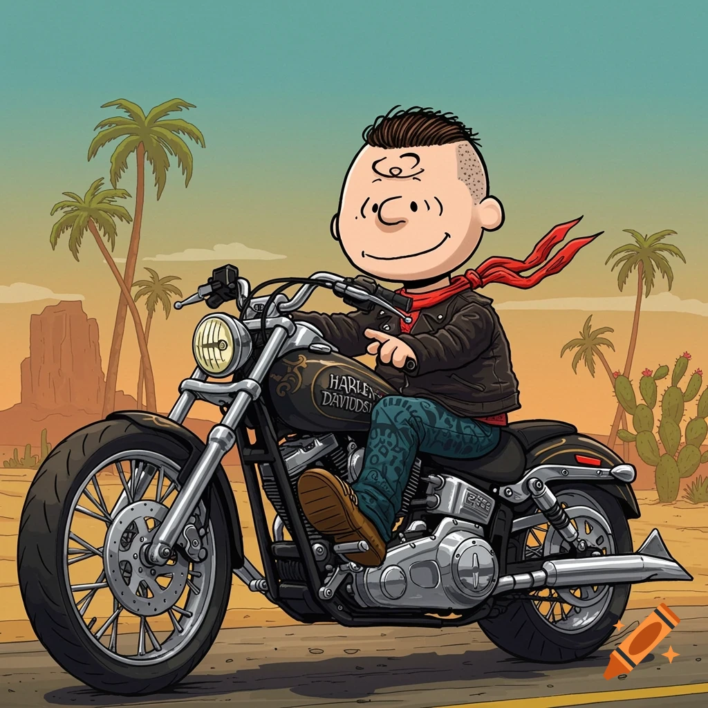 Cartoon Charlie Brown with mohawk riding a motorcycle in a desert landscape