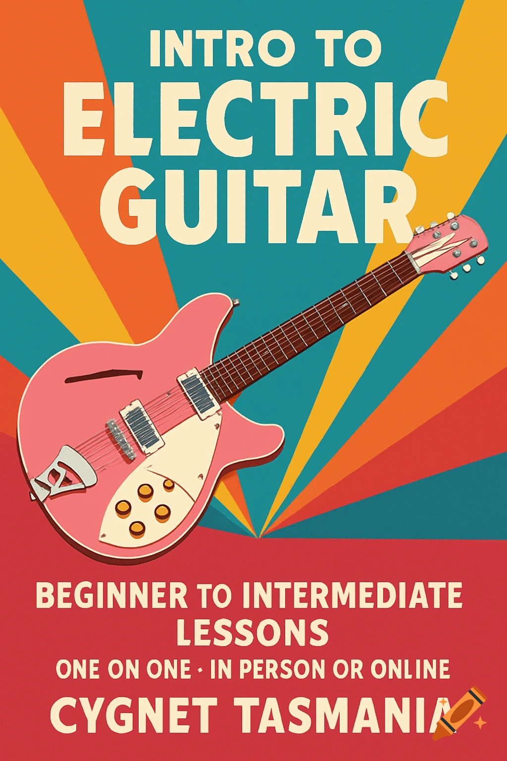 A colorful retro-style poster advertising electric guitar lessons, featuring a pink Rickenbacker-style guitar.