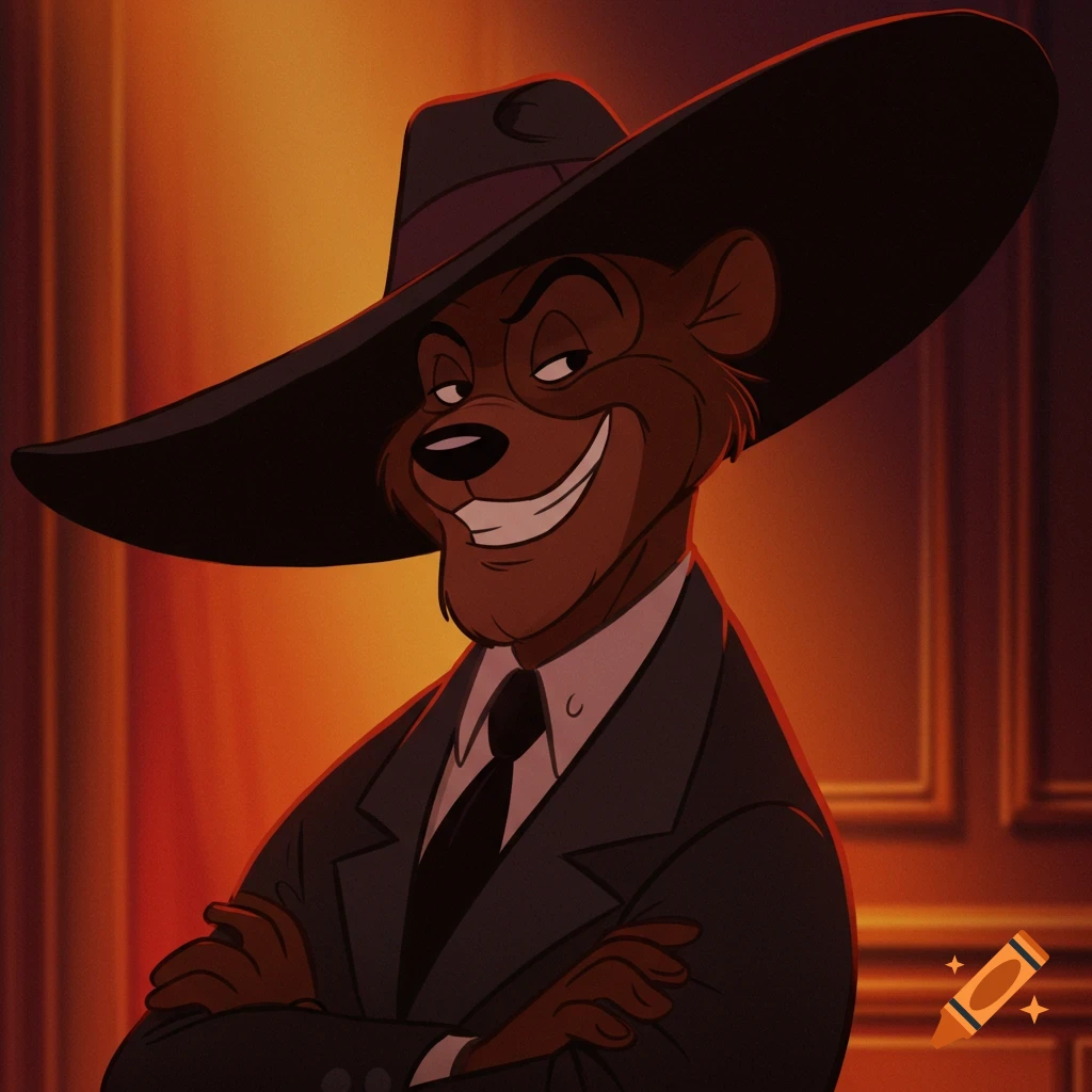 Cartoon bear character in a suit and wide-brimmed hat, smiling, in a 1970s animation style.