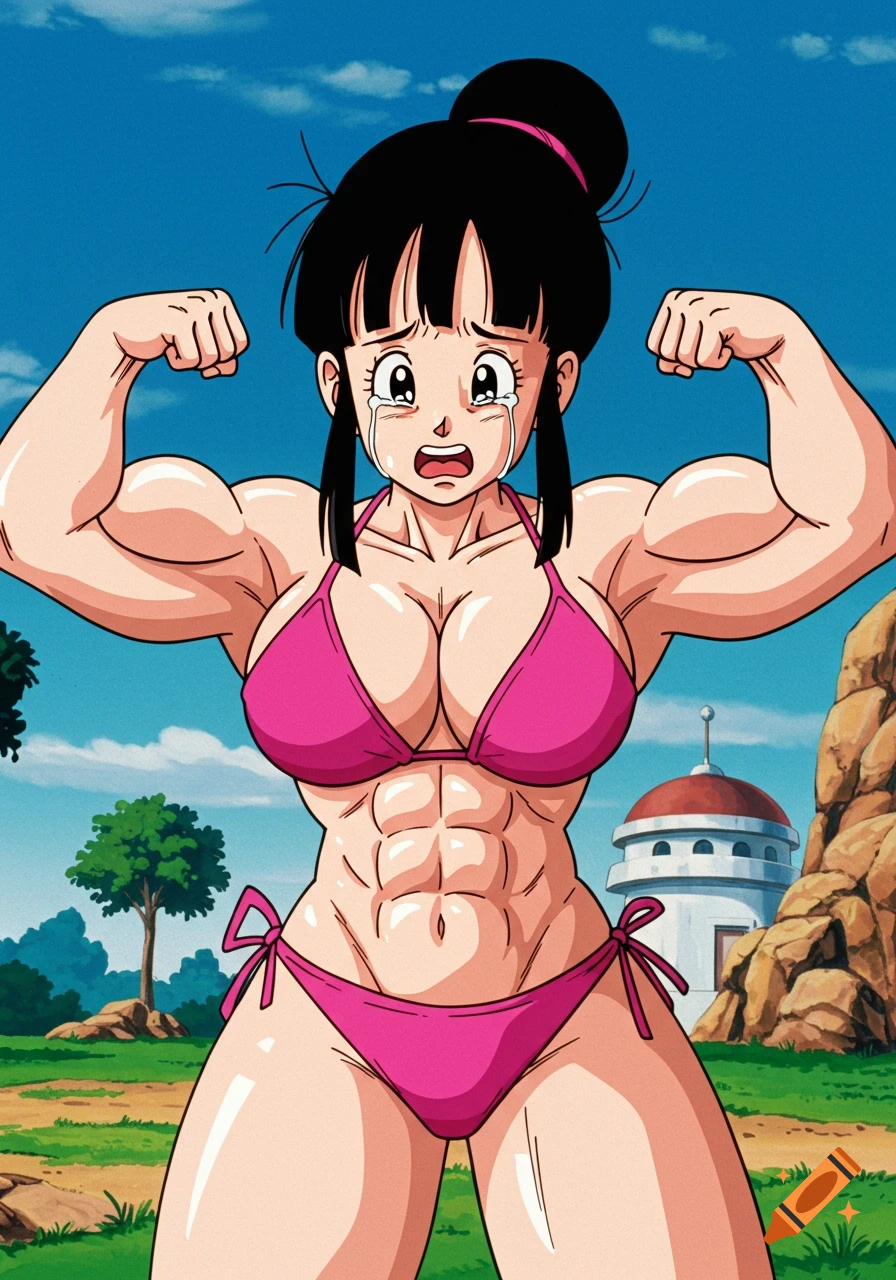 Anime character Chi Chi flexing muscles in a pink bikini while crying in a field