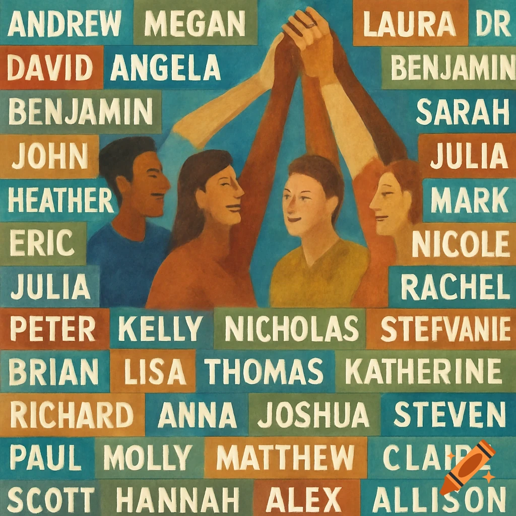 Stylized painting of diverse people joining hands, surrounded by a collage of names on colorful blocks.
