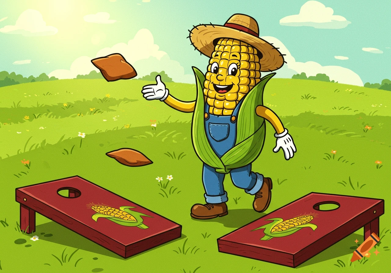 A cartoon ear of corn character in overalls and a hat throws a beanbag at a cornhole board in a grassy field.