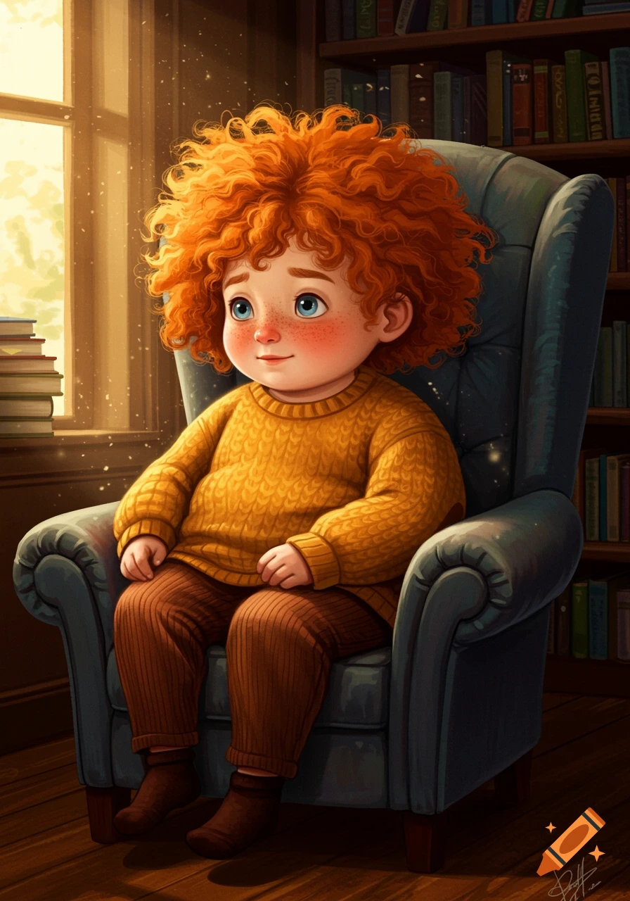 A drawing of a red-haired child sitting in an armchair next to a bookshelf.