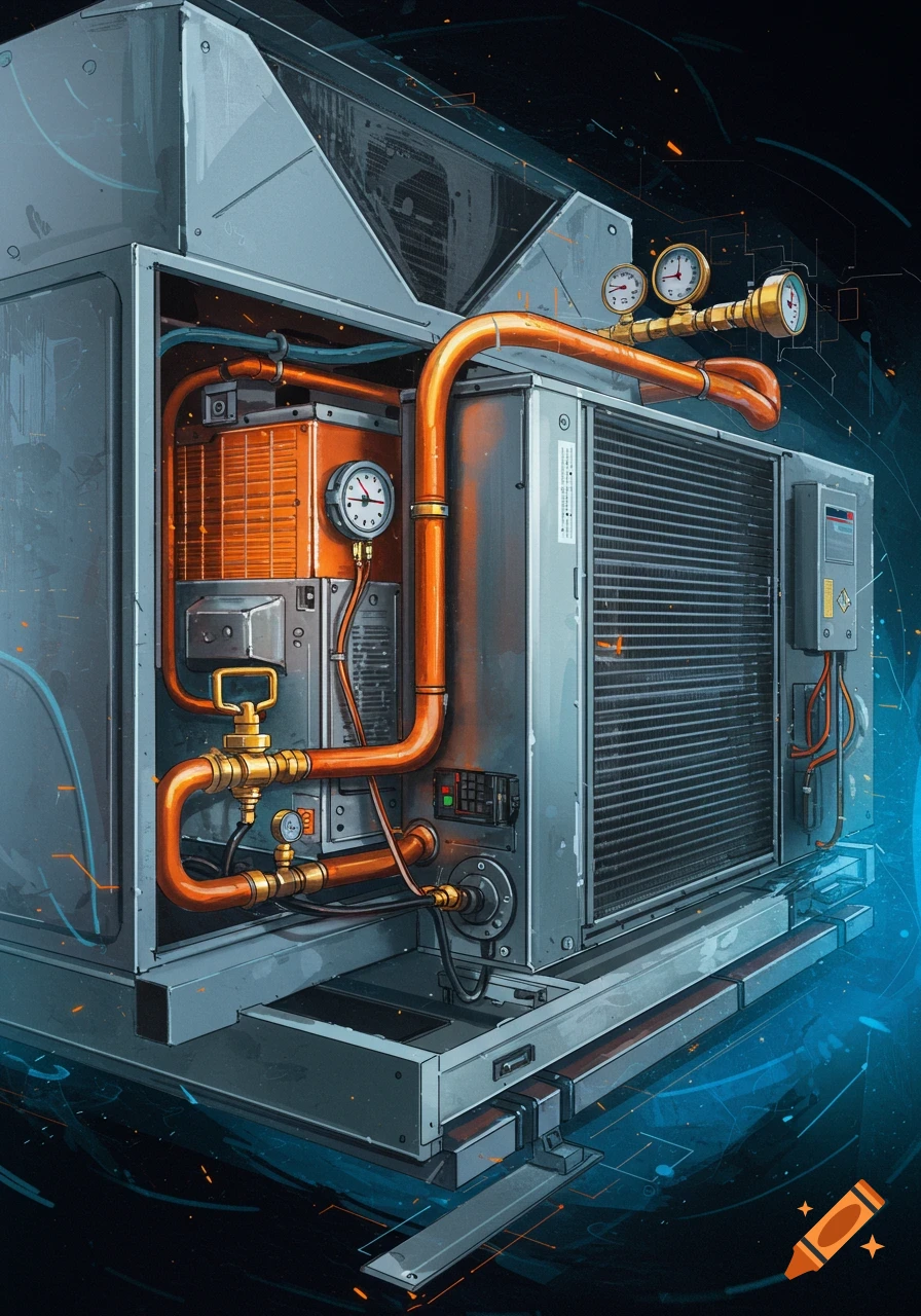 Detailed view of an HVAC unit with pipes and gauges in a technical illustration style.