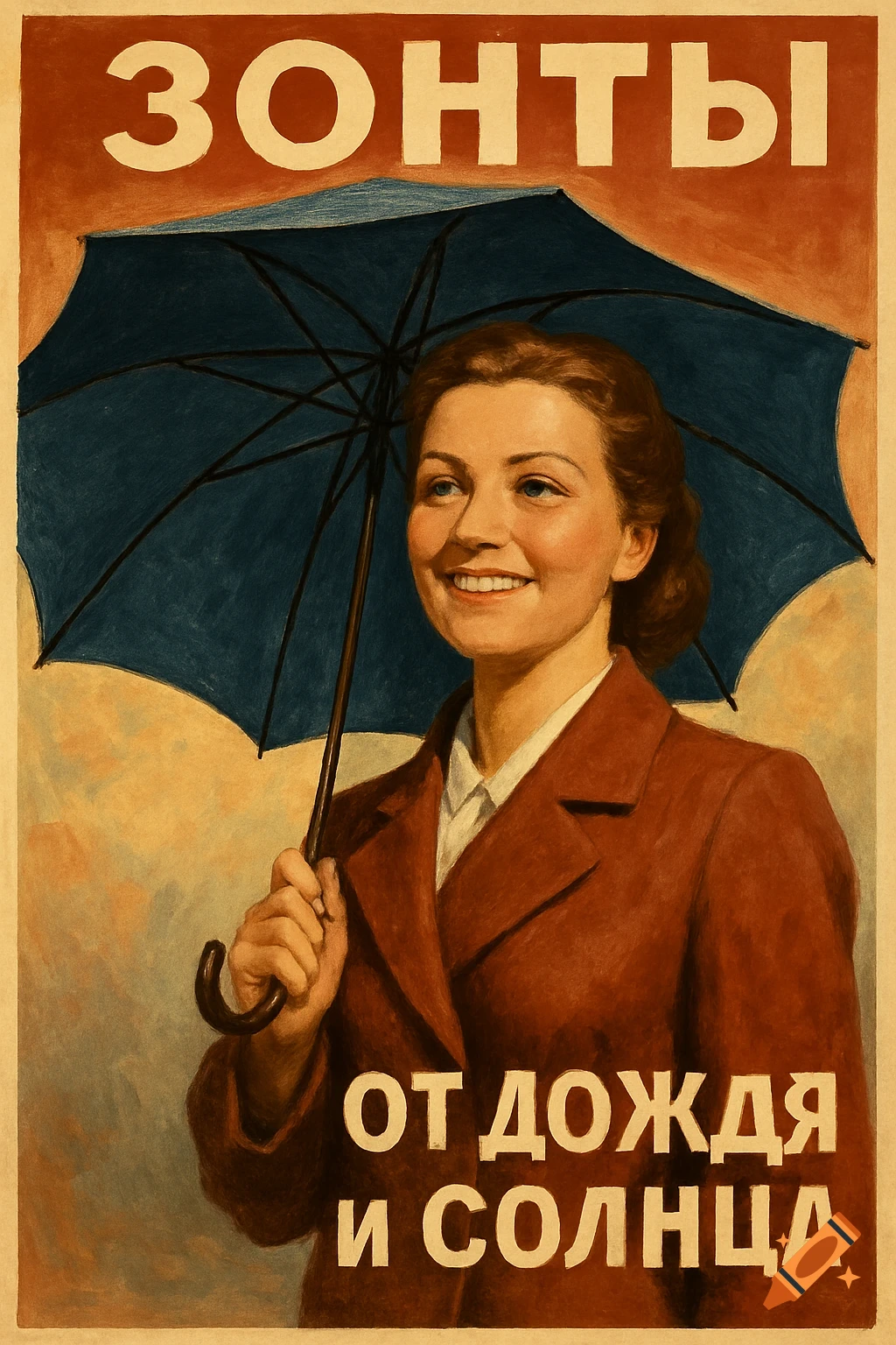 Soviet style advertisement poster of a smiling woman holding a dark umbrella with Russian text.