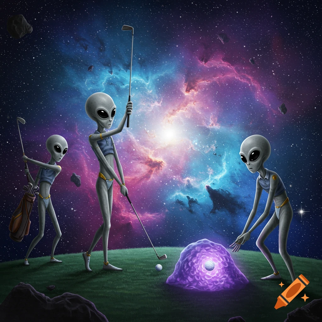Three aliens play golf on a grassy patch in outer space with a colorful nebula backdrop
