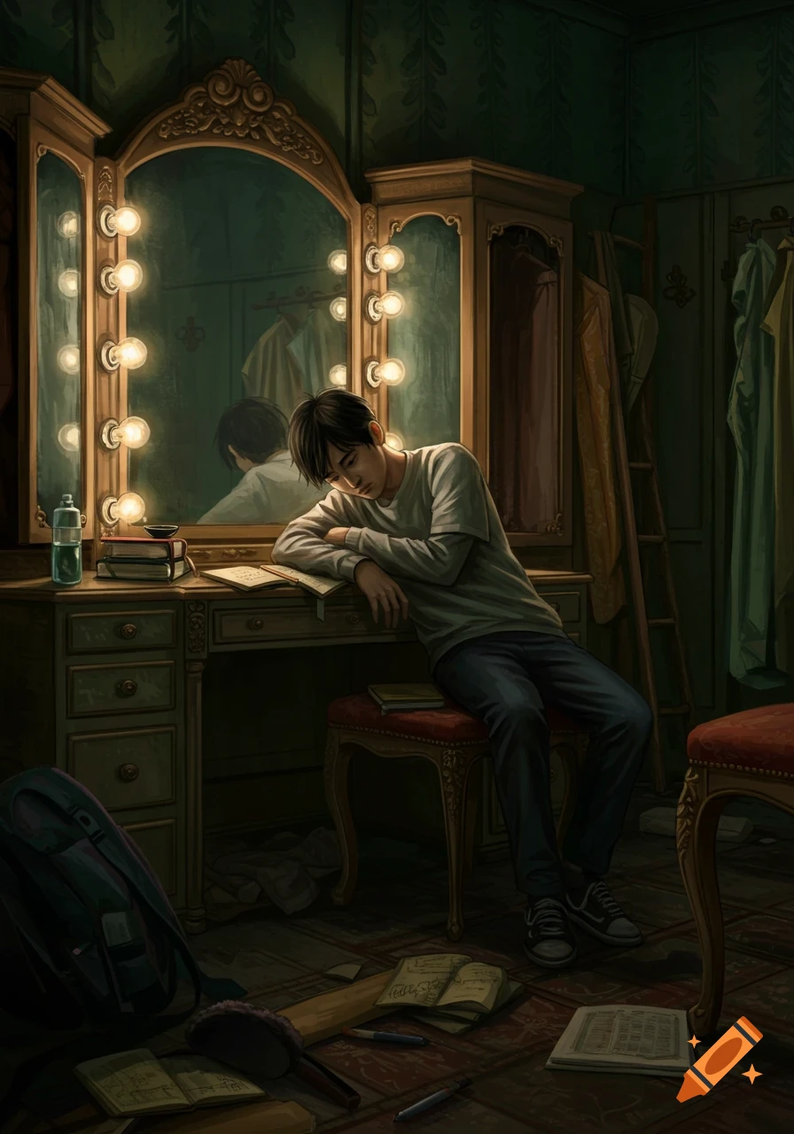 A young man slumps over a desk in a moody theatre dressing room.