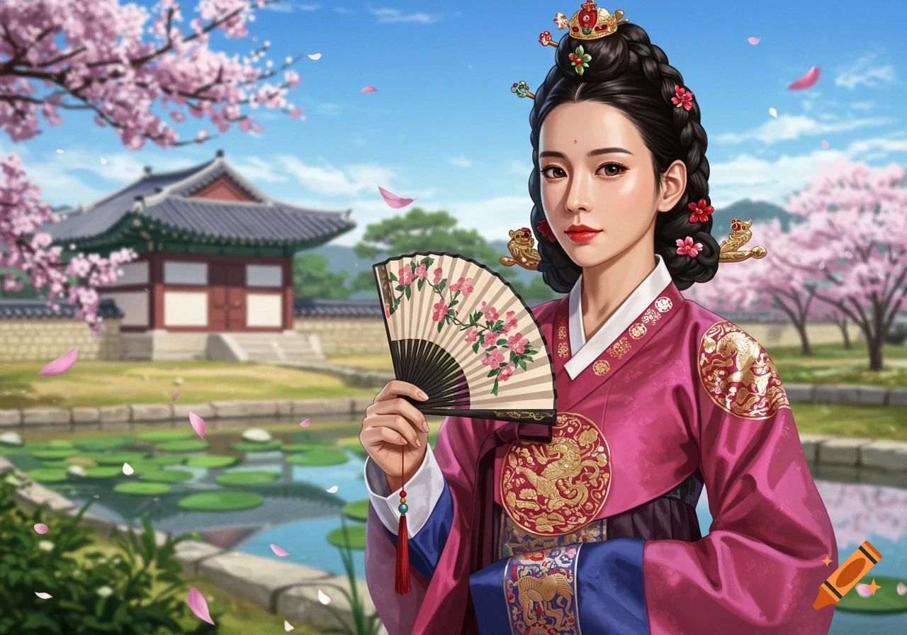 Woman in a pink hanbok holding a fan before a traditional Korean building and cherry blossoms.