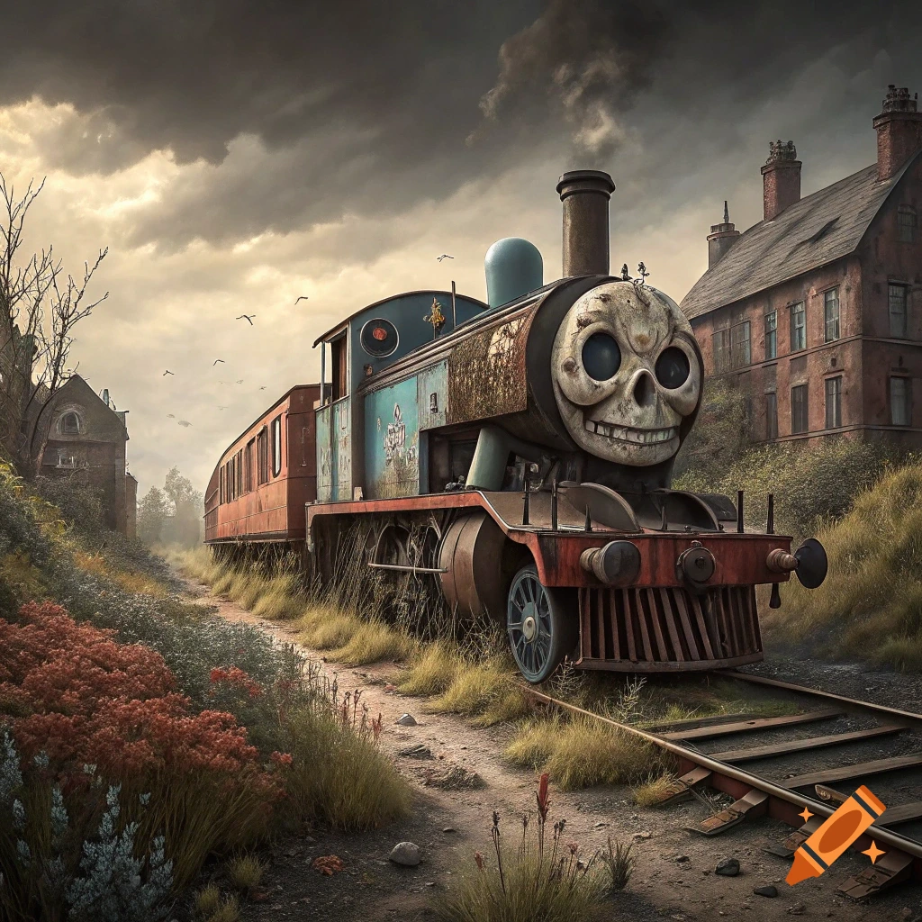 A terrifying Thomas the Tank Engine with a skull face sits on overgrown tracks in an abandoned wasteland under a stormy sky.