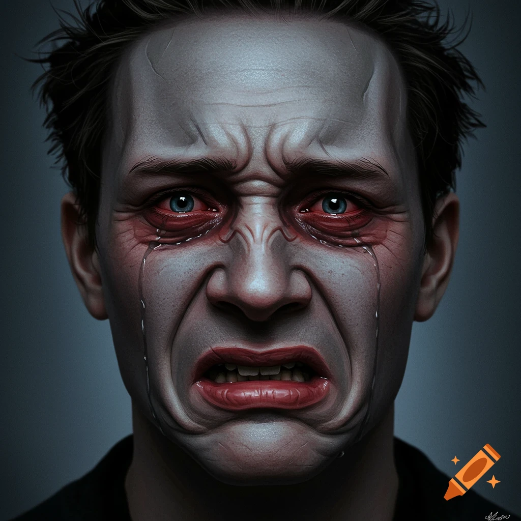 Close-up of a face contorted in extreme anguish, crying